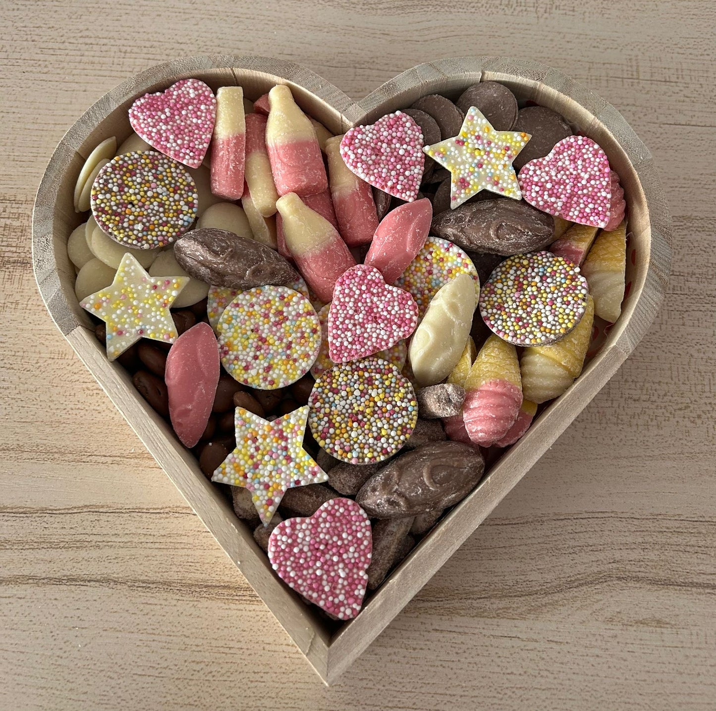 Wooden Fillable Heart with Chocolates